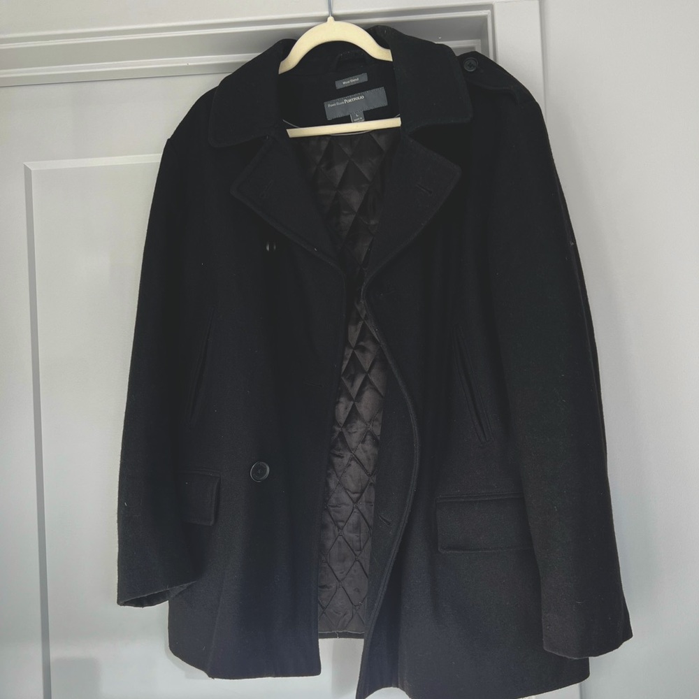 Mens Black Wool Blend Pea Coat (L)